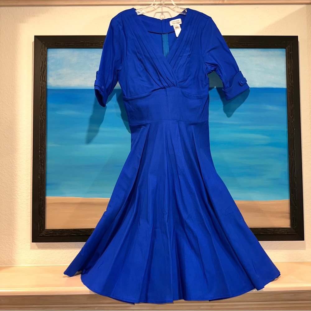 Unique Vintage Royal Blue Delores Swing Dress with Sleeves